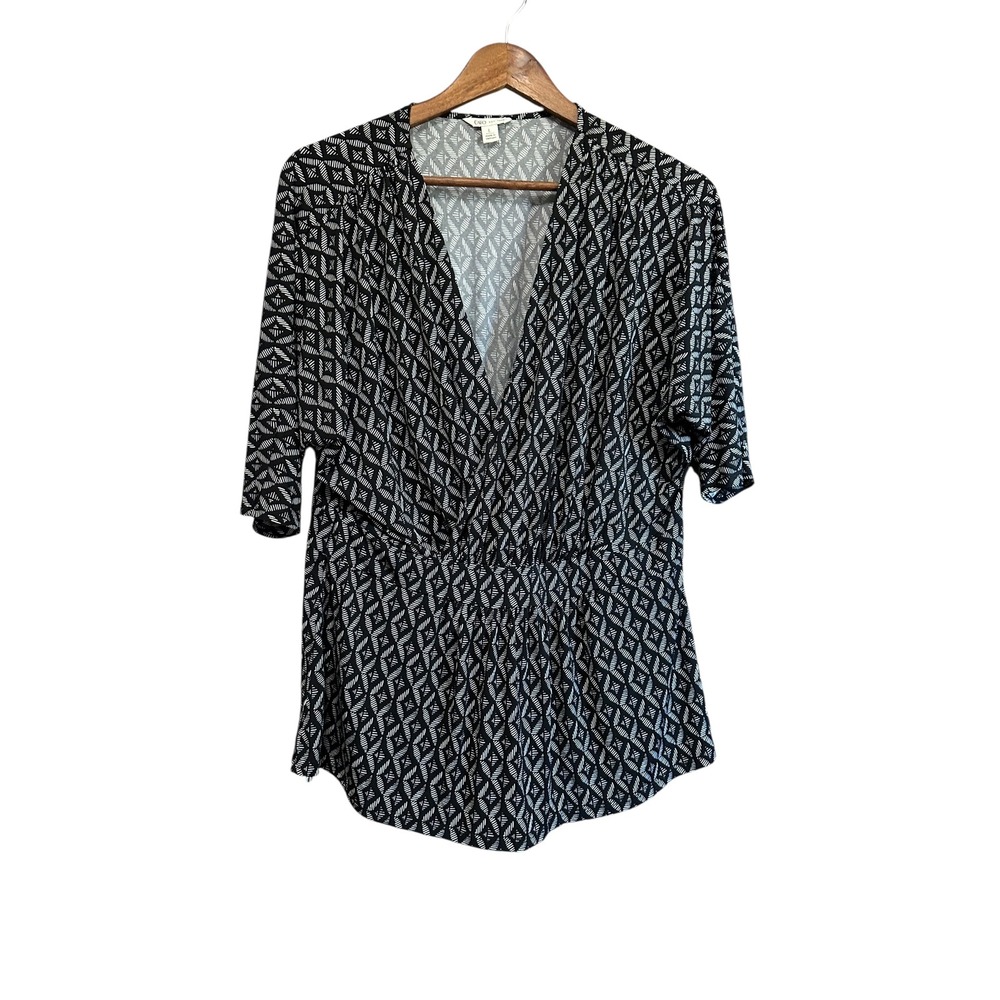 Cato‎ Black White Geometric Print Twist Front 3/4 Sleeve Top Large